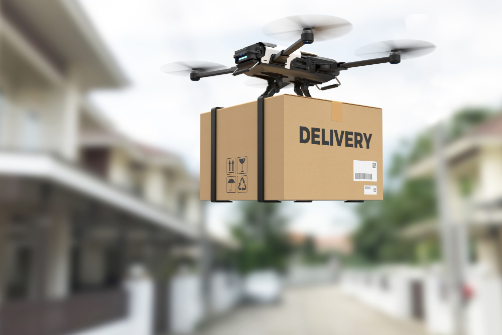 Imagem de um drone realizando delivery