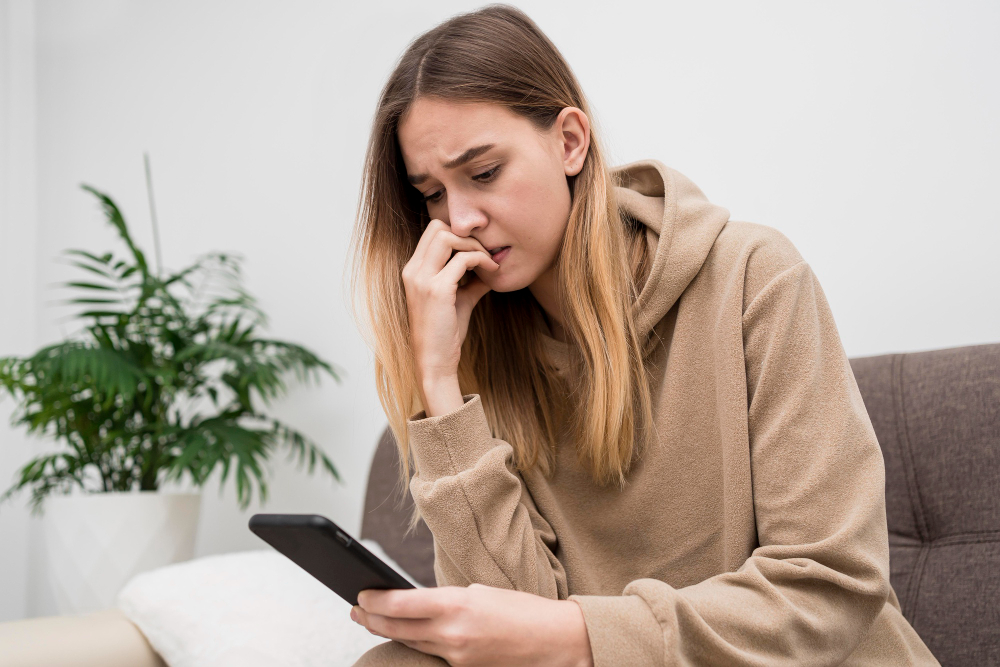 Mulher jovem consultando no celular se seguro cobre enchente